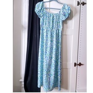 Monteau Blue Floral MidiDress Puff Sleeve Cottagecore SpringSummer Casual SizeXS